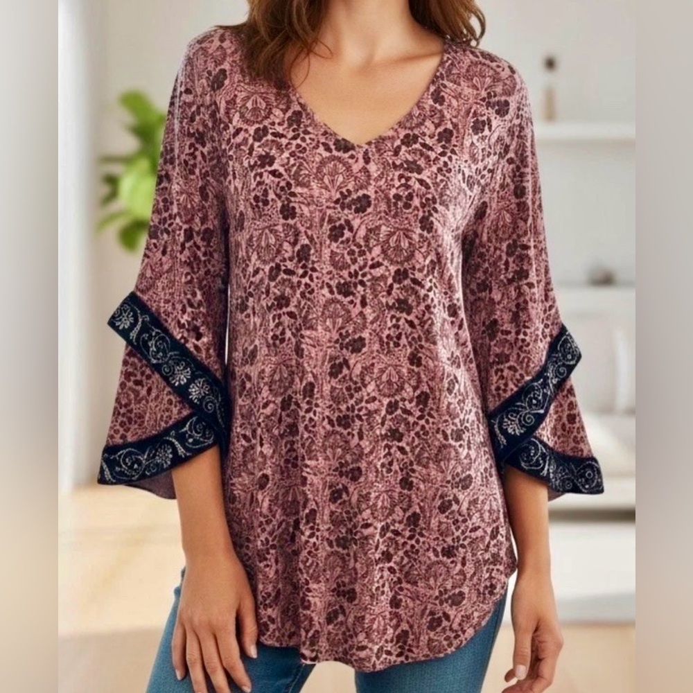 Soft Surroundings Floral Tunic Top Velvet Trim Bell Sleeve V-Neck Blouse - 2X
